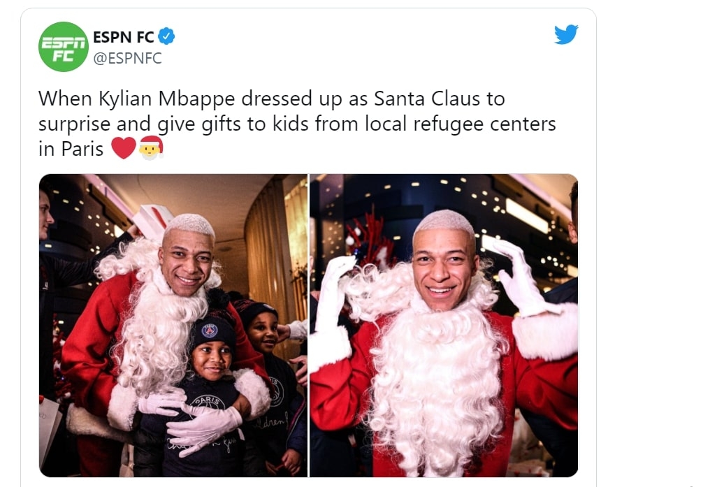 Мбаппе в образе Санта-Клауса поздравил с Рождеством парижских беженцев