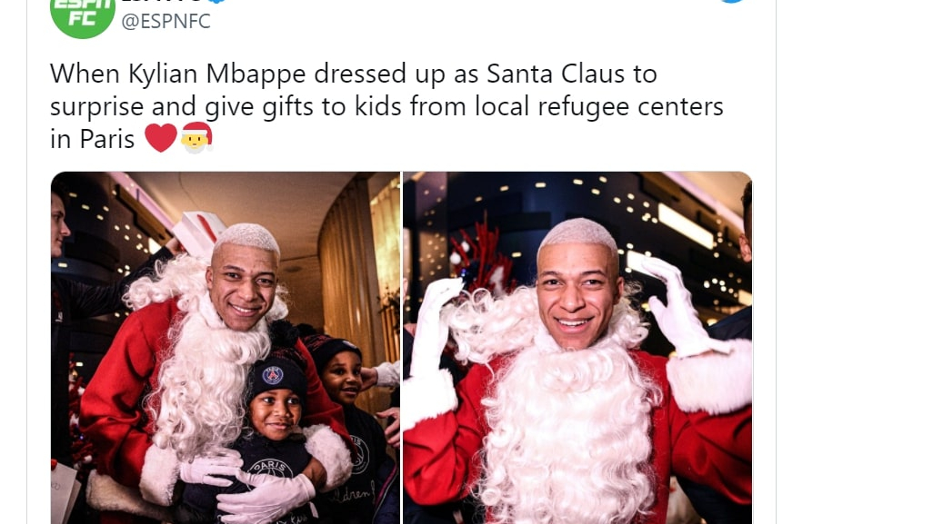 Мбаппе в образе Санта-Клауса поздравил с Рождеством парижских беженцев